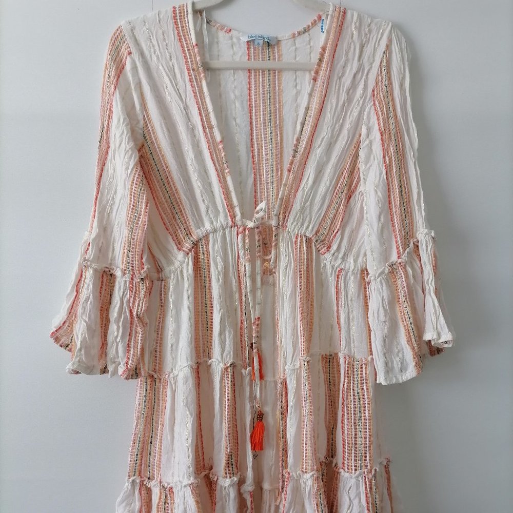 Blue Island Womens Multicolor Bell Sleeve Tiered Tasseled Beach Cover Up Size S